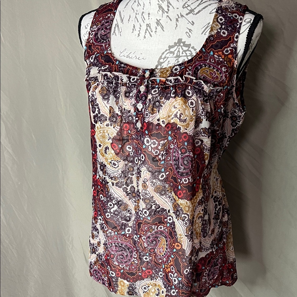 Sheer floral paisley print baby doll sleeveless top ties in back Large boho - Picture 2 of 10